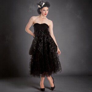 Hell Bunny Gothic Victorian Black Lace Maxi Ball Gown, Bustier Prom Party Dress